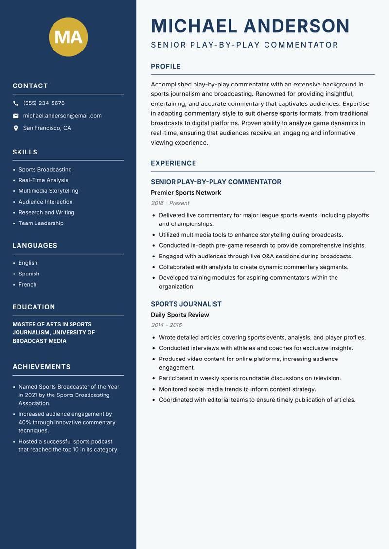 Play-by-Play Commentator resume template — Classic Clean