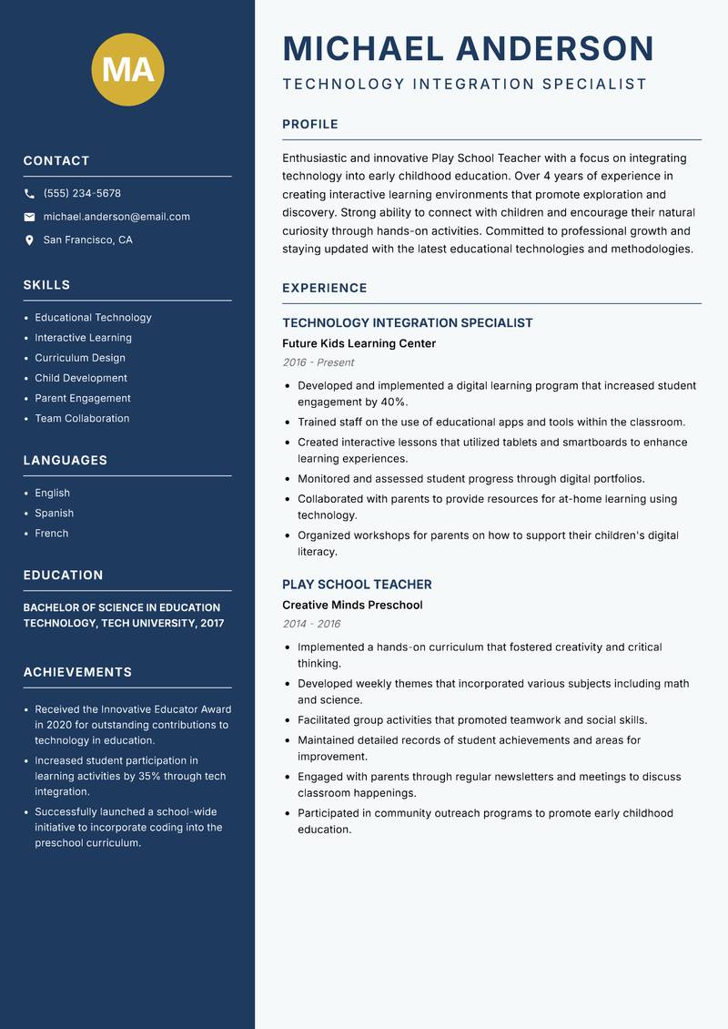 Play School Teacher resume template — Classic Clean