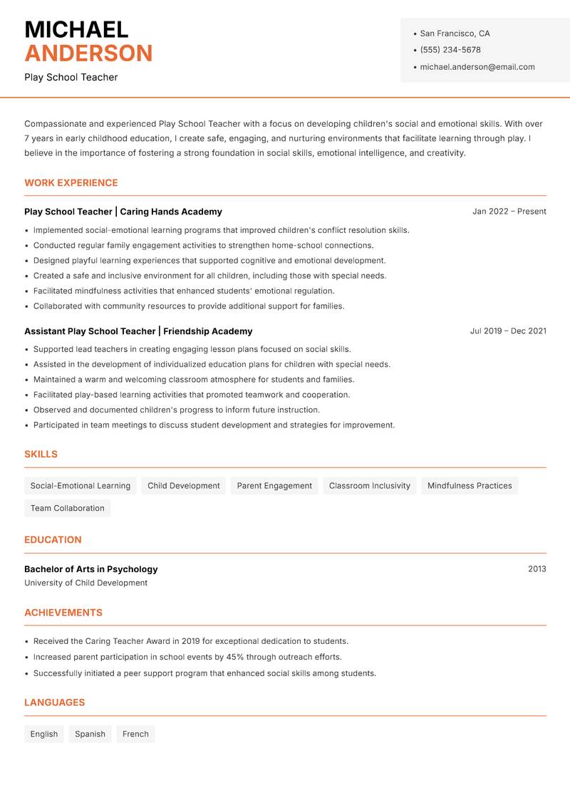 Play School Teacher resume template — Modern Professional