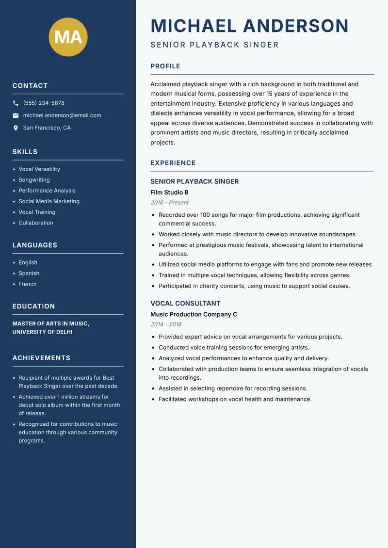 Playback Singer resume template — Classic Clean