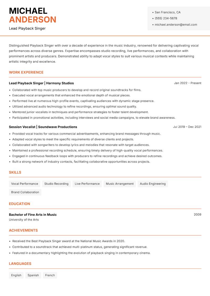 Playback Singer resume template — Modern Professional