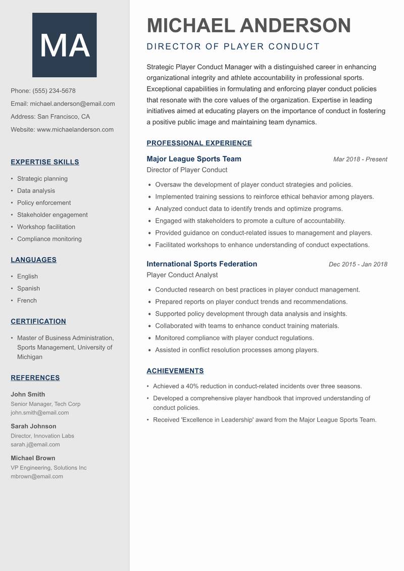 Player Conduct Manager resume template — Creative Minimal