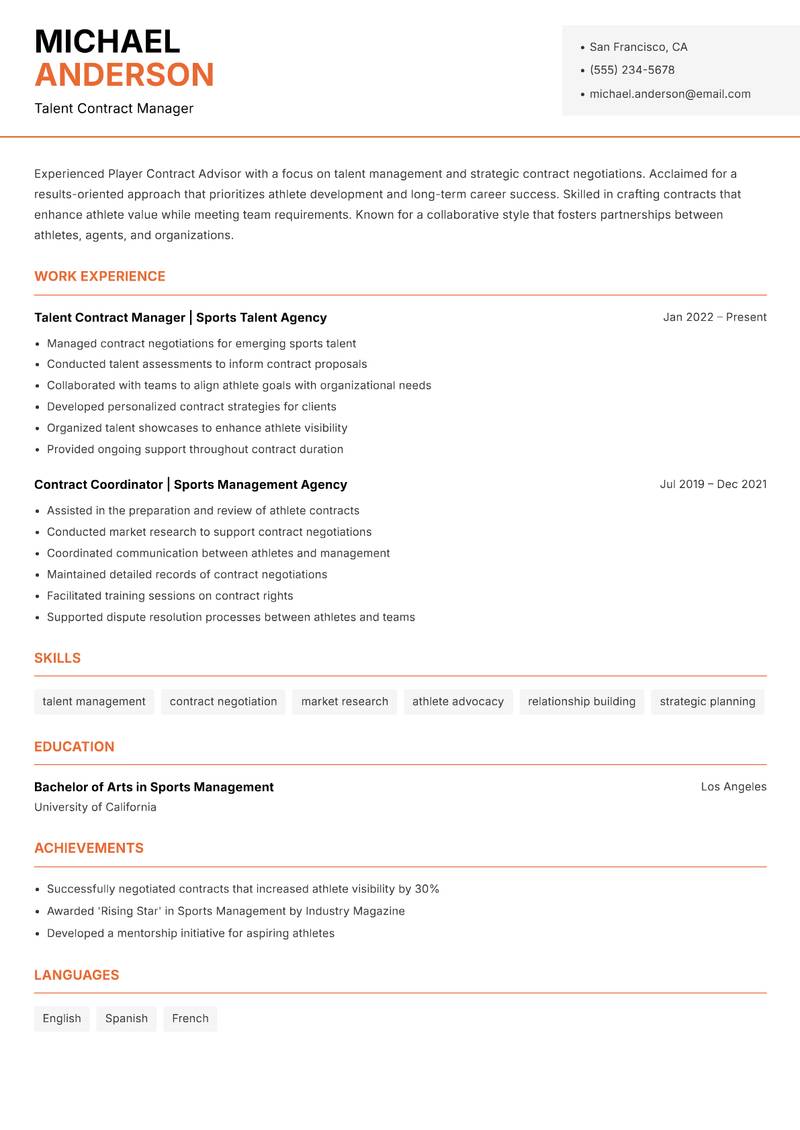 Player Contract Advisor resume template — Modern Professional
