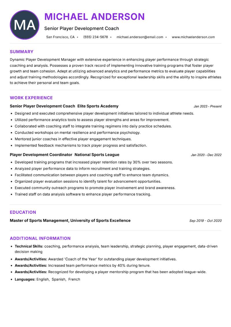 Player Development Manager resume example — ATS-friendly template