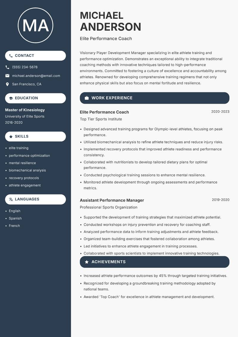 Player Development Manager resume template — Compact