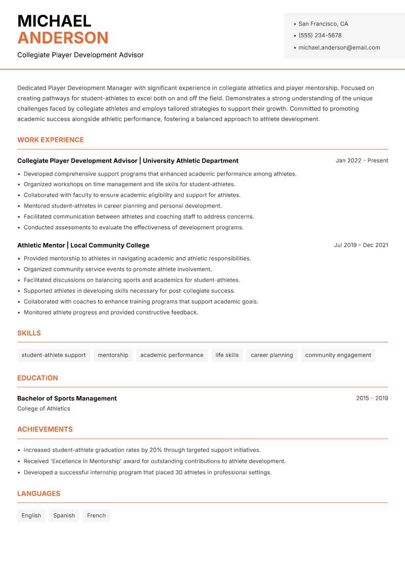 Player Development Manager resume template — Modern Professional