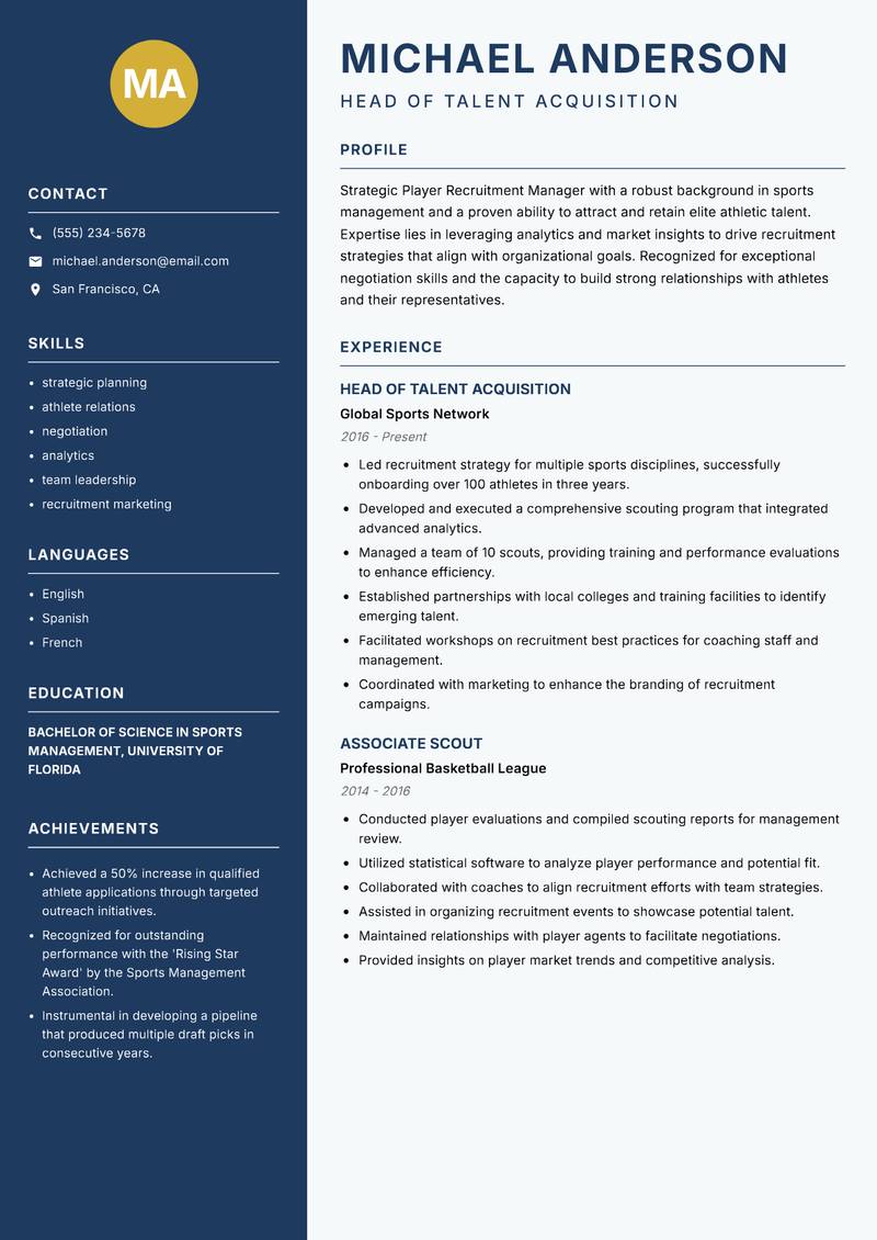 Player Recruitment Manager resume template — Classic Clean