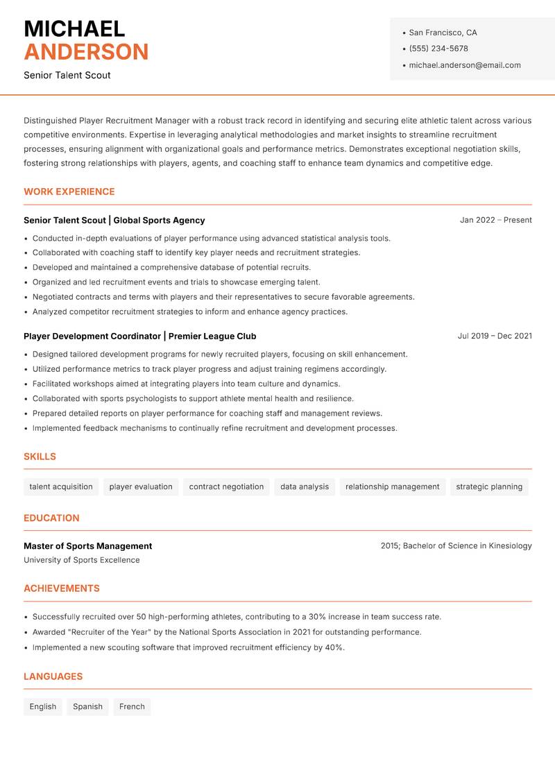 Player Recruitment Manager resume template — Modern Professional