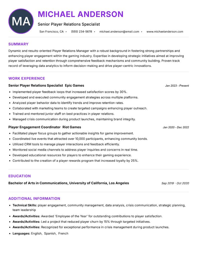 Player Relations Manager resume example — ATS-friendly template