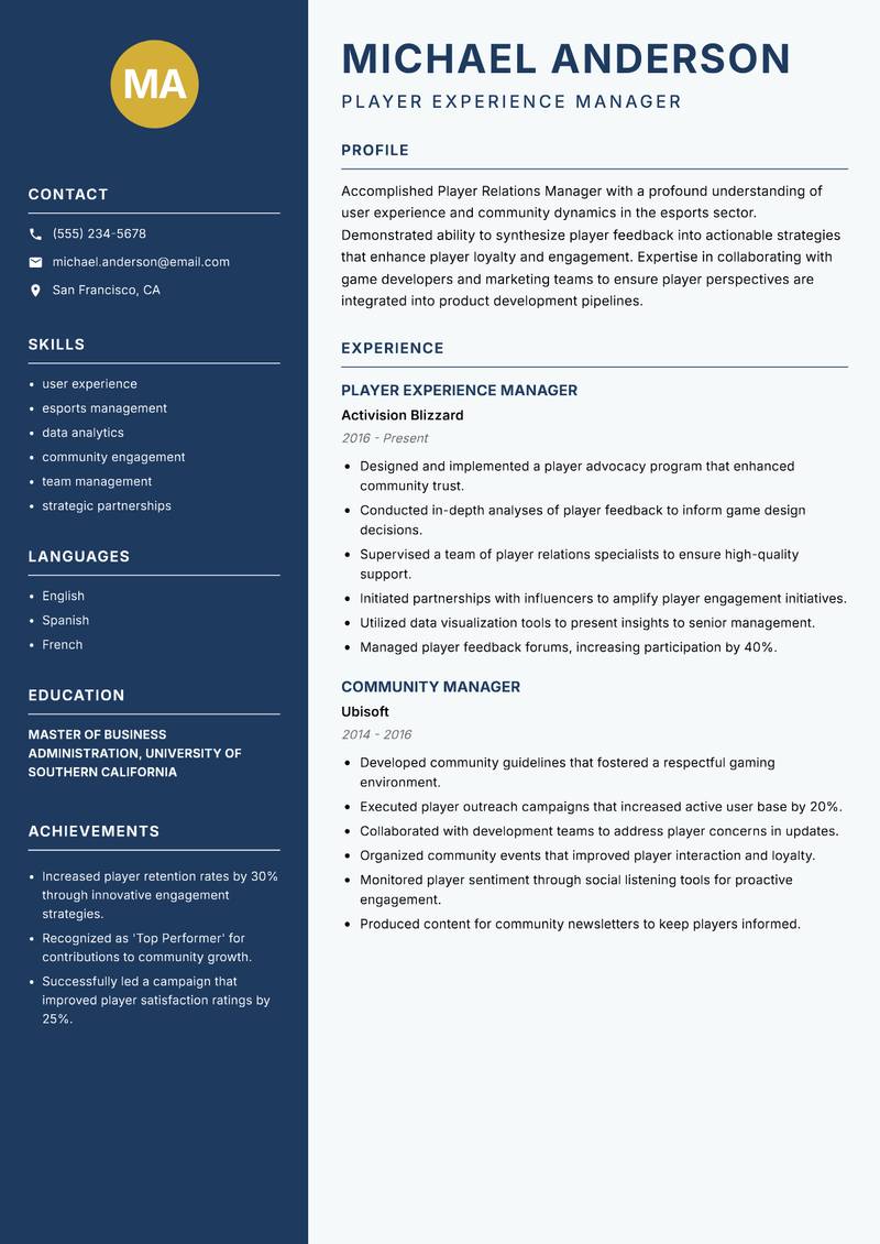 Player Relations Manager resume template — Classic Clean