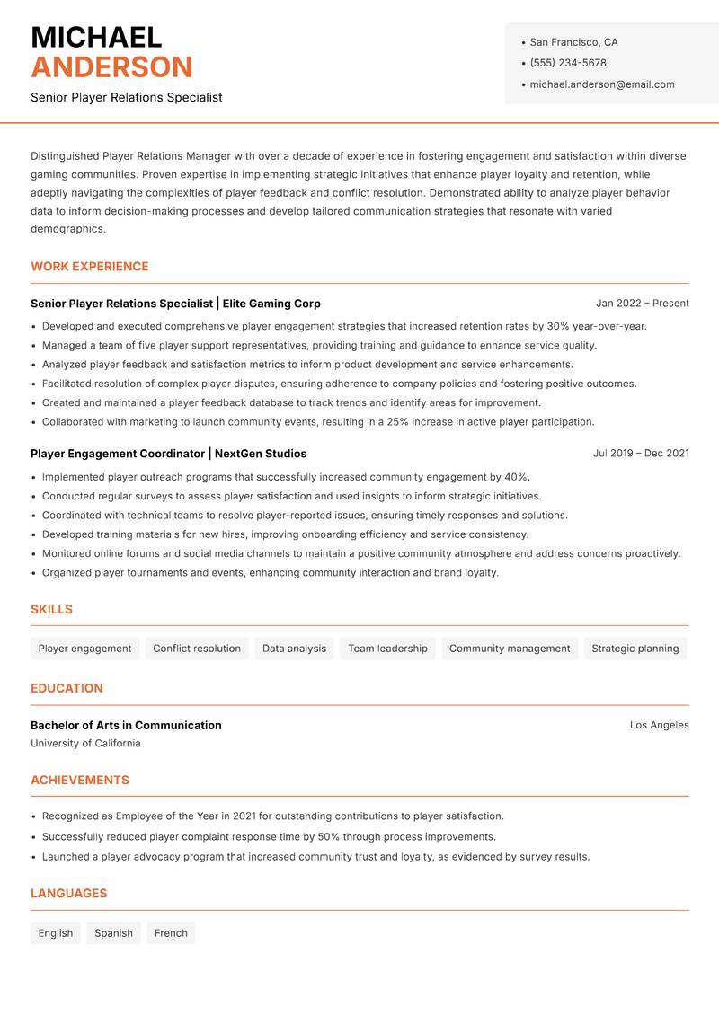 Player Relations Manager resume template — Modern Professional