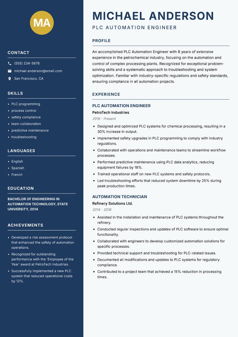 PLC Automation Engineer resume template — Classic Clean