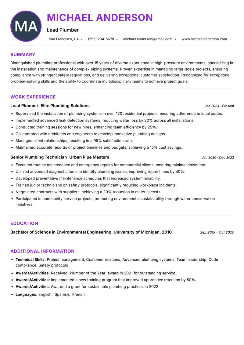 Plumber resume example — ATS-friendly template