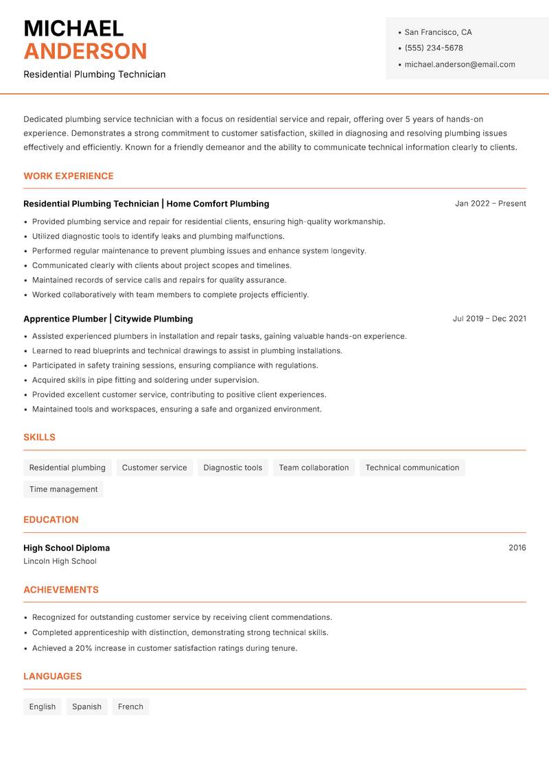 Plumber resume template — Modern Professional