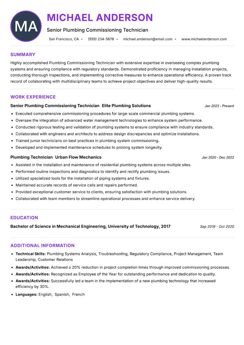 Plumbing Commissioning Technician resume example — ATS-friendly template