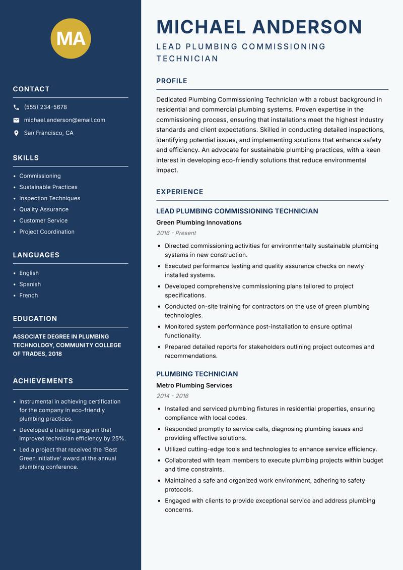 Plumbing Commissioning Technician resume template — Classic Clean