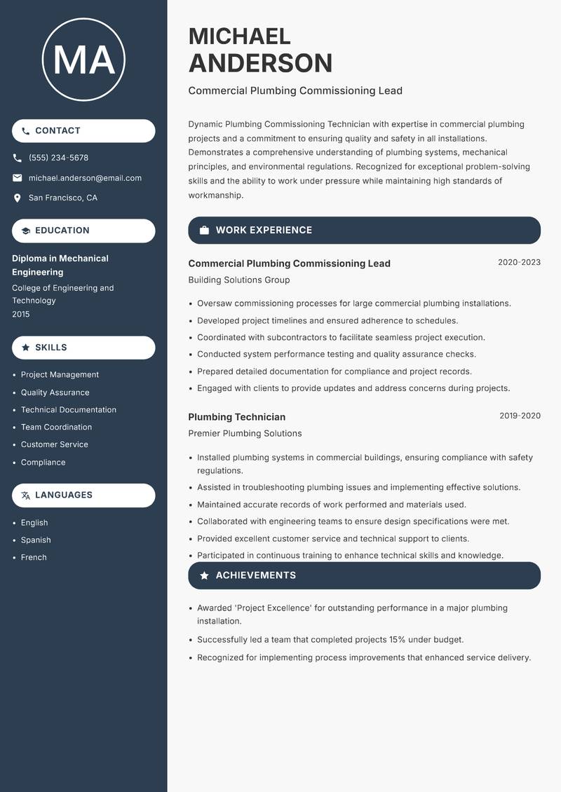 Plumbing Commissioning Technician resume template — Compact