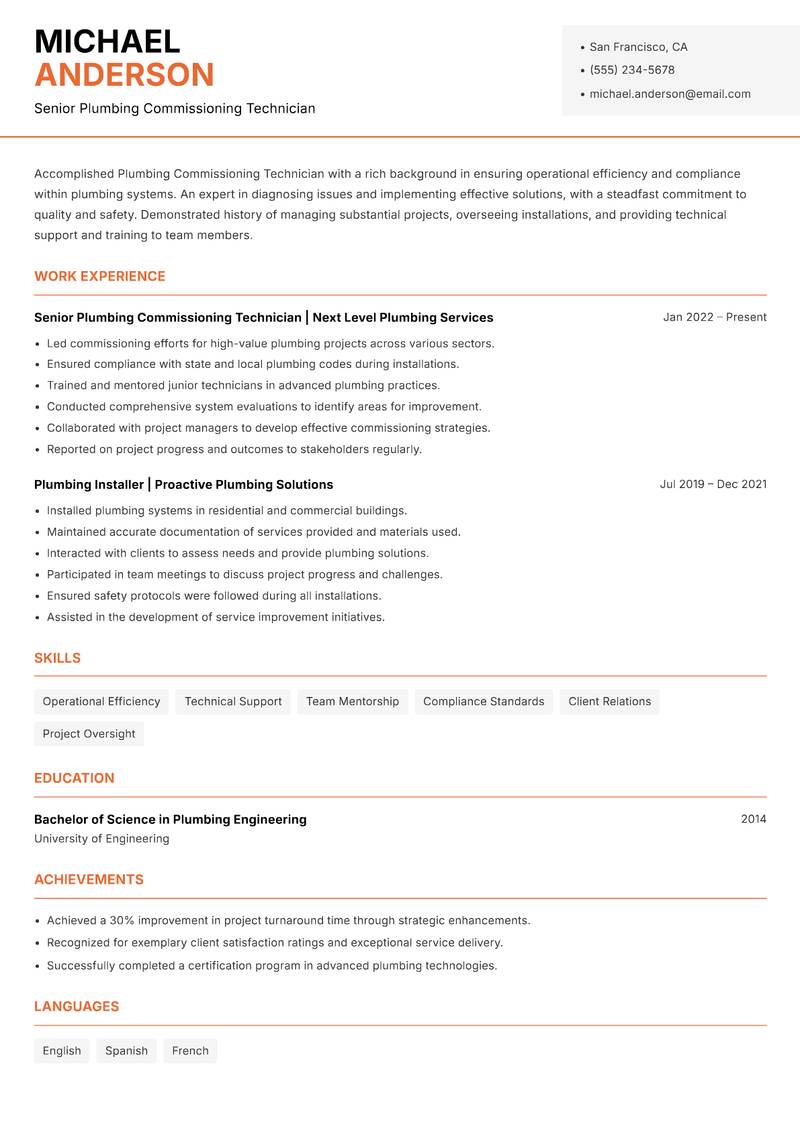 Plumbing Commissioning Technician resume template — Modern Professional