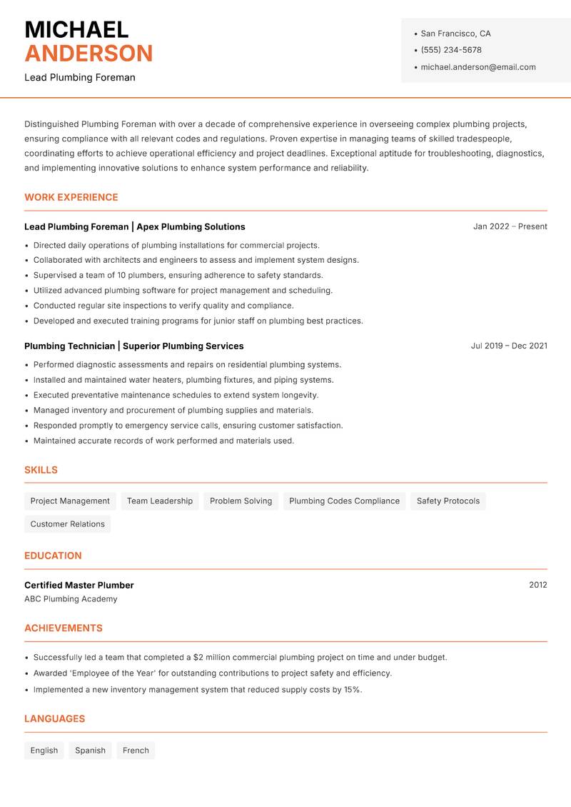 Plumbing Foreman resume template — Modern Professional