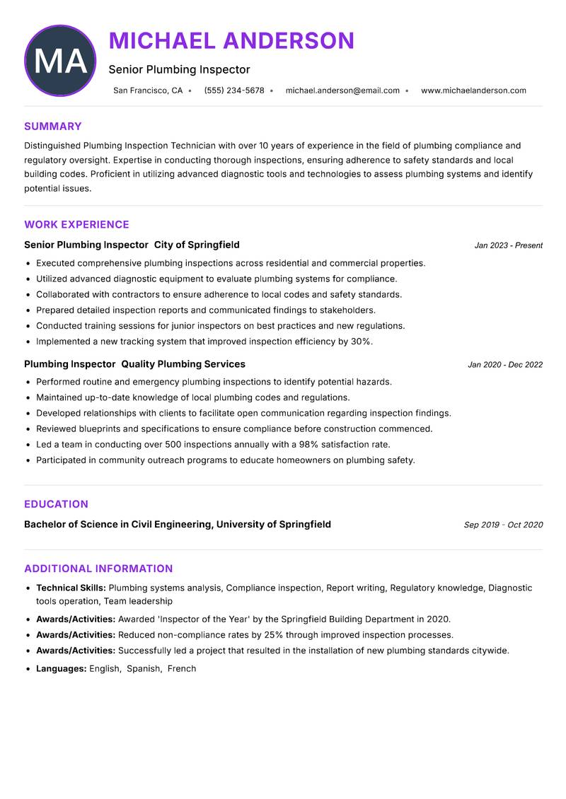 Plumbing Inspection Technician resume example — ATS-friendly template