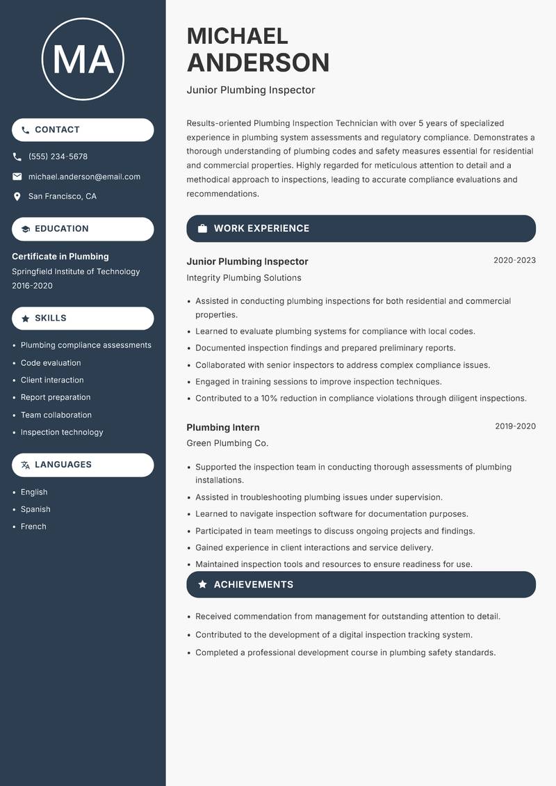 Plumbing Inspection Technician resume template — Compact
