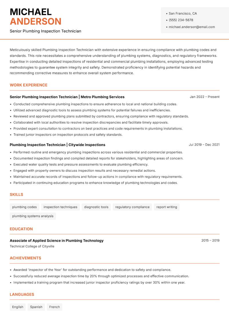 Plumbing Inspection Technician resume template — Modern Professional