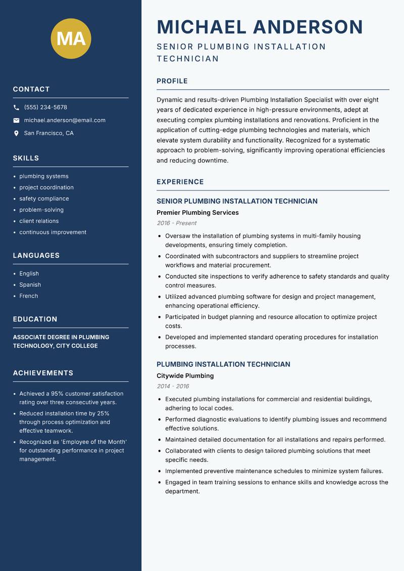 Plumbing Installation Technician resume template — Classic Clean