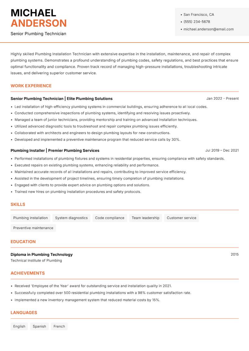 Plumbing Installation Technician resume template — Modern Professional