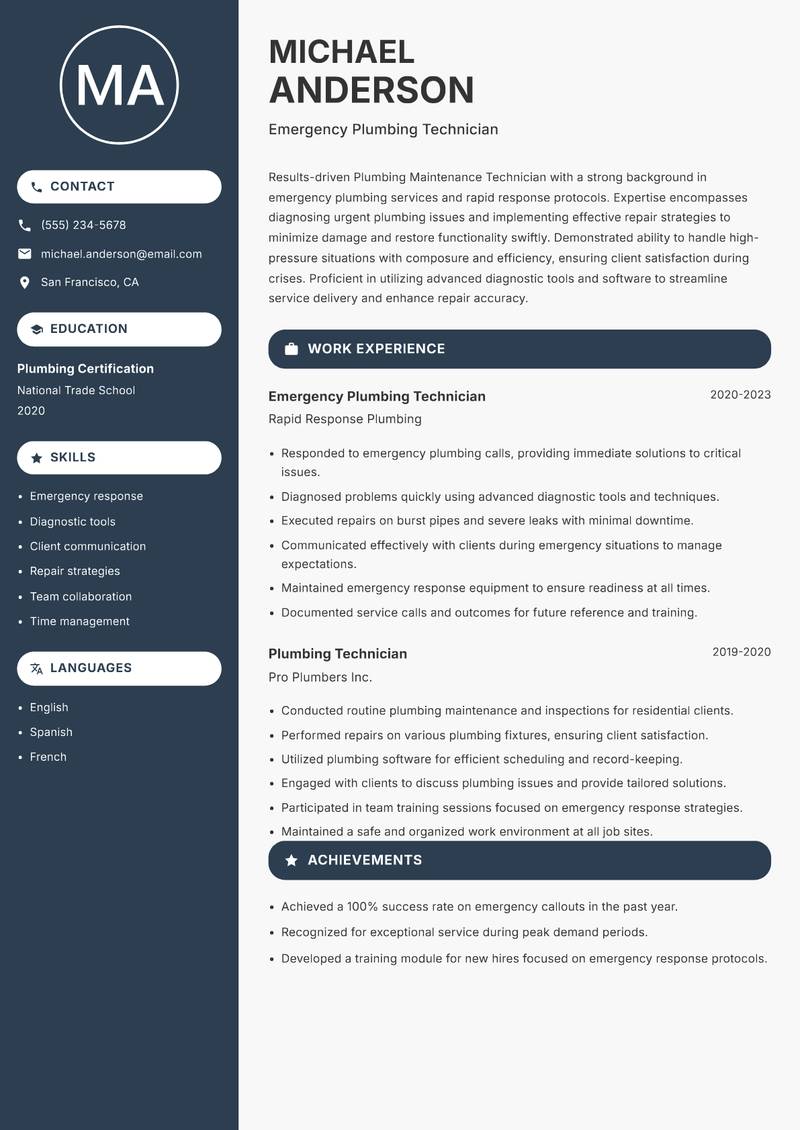 Plumbing Maintenance Technician resume template — Compact