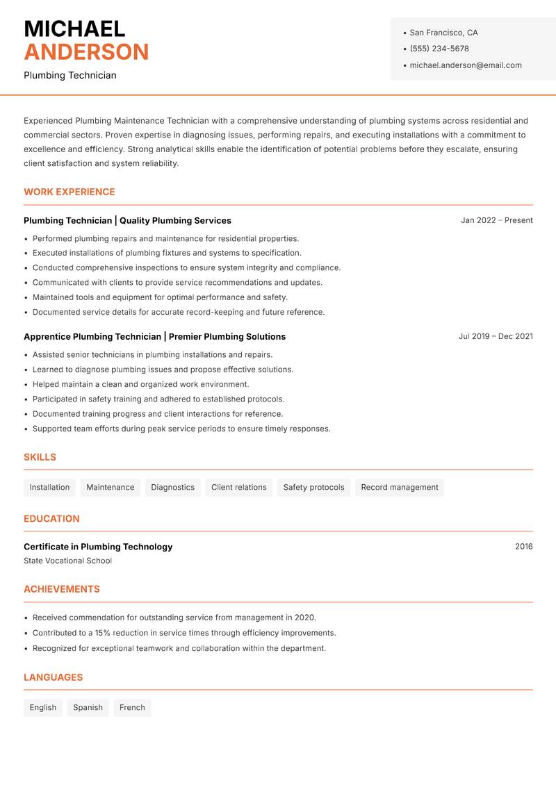 Plumbing Maintenance Technician resume template — Modern Professional