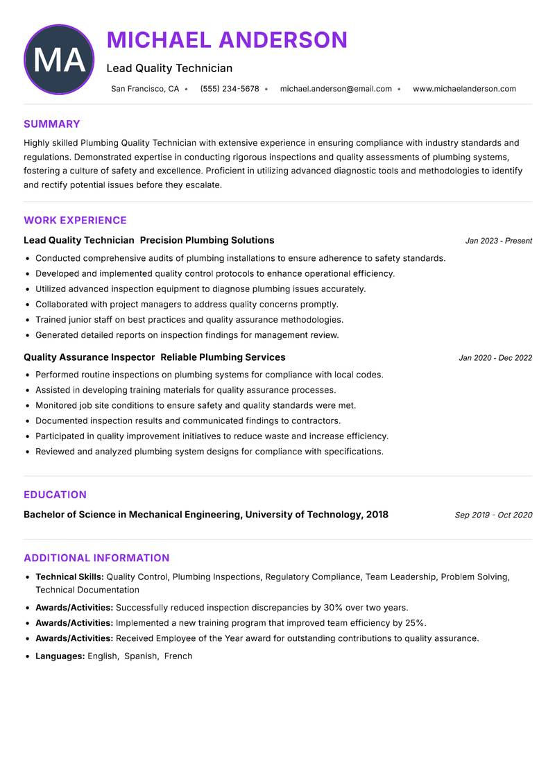 Plumbing Quality Technician resume example — ATS-friendly template