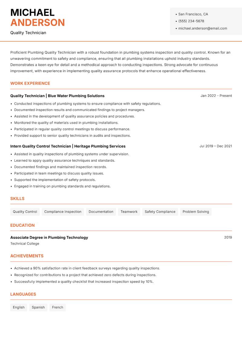 Plumbing Quality Technician resume template — Modern Professional
