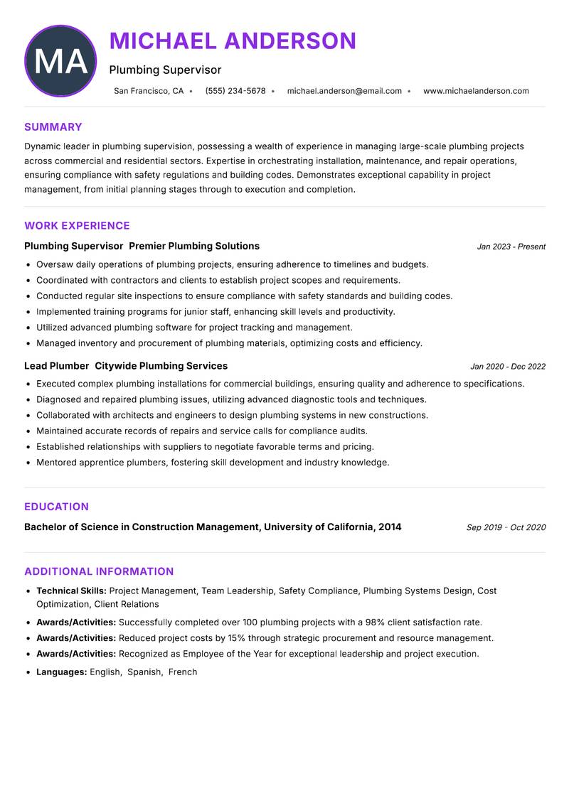 Plumbing Supervisor resume example — ATS-friendly template