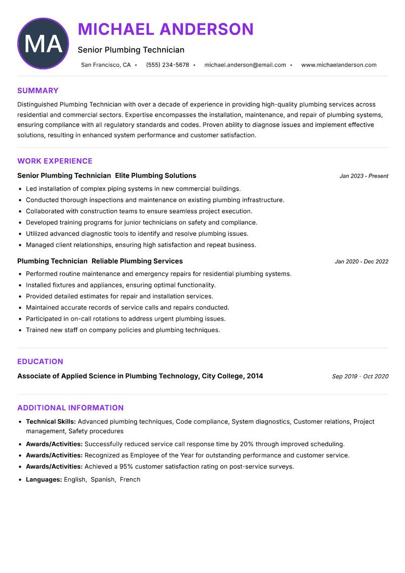 Plumbing Technician resume example — ATS-friendly template