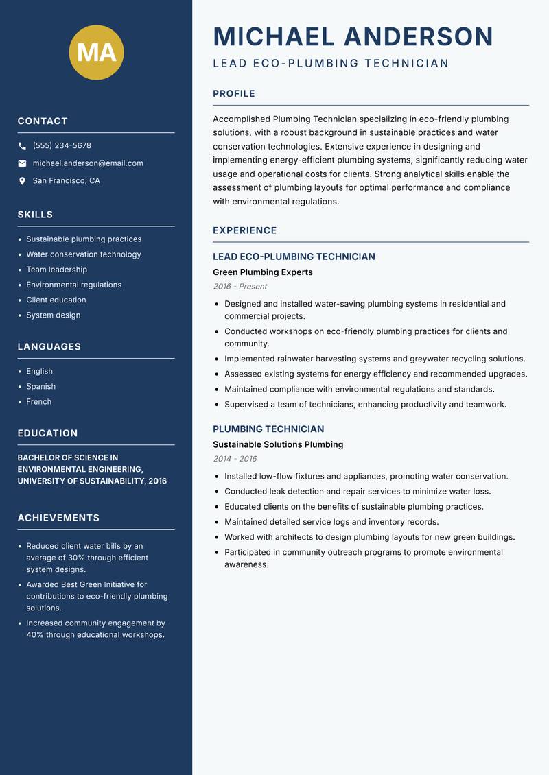 Plumbing Technician resume template — Classic Clean