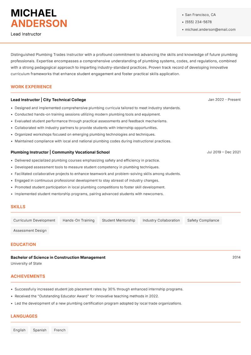 Plumbing Trades Instructor resume template — Modern Professional
