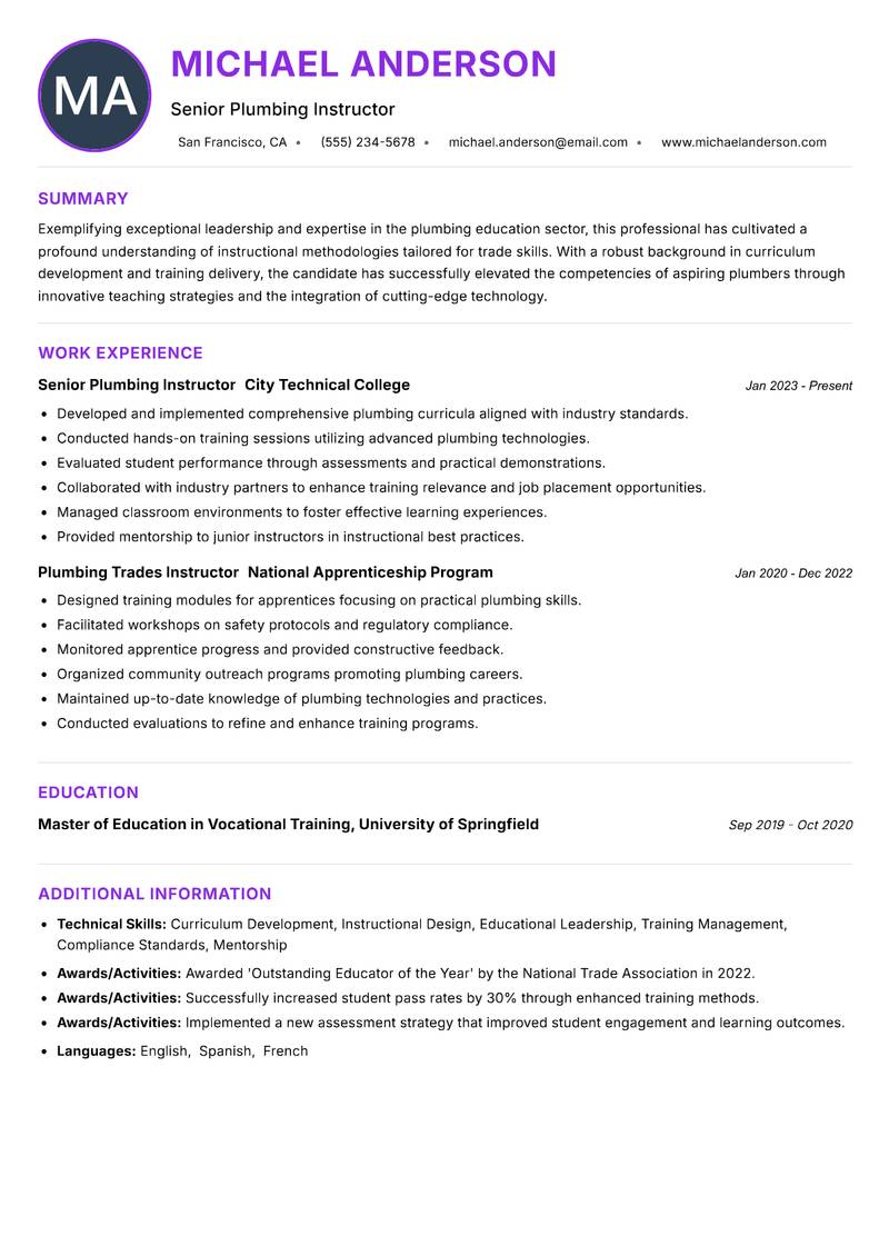 Plumbing Trades Trainer resume example — ATS-friendly template