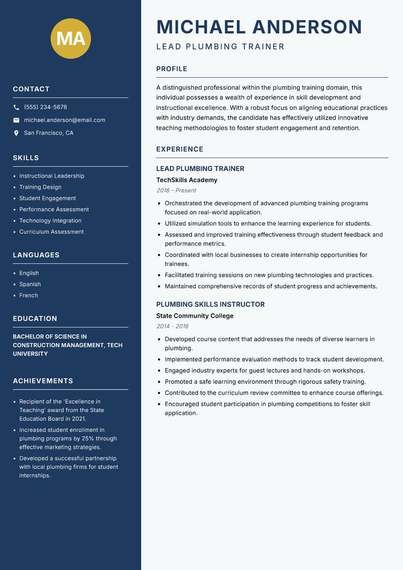 Plumbing Trades Trainer resume template — Classic Clean
