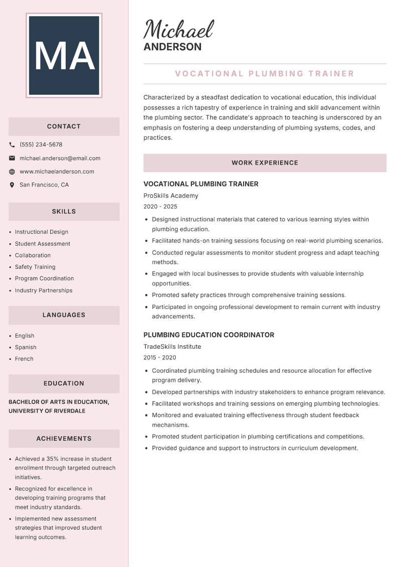 Plumbing Trades Trainer resume template — Executive
