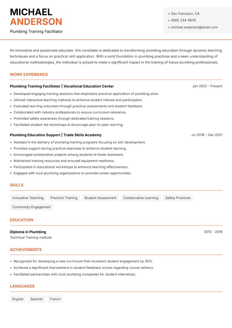 Plumbing Trades Trainer resume template — Modern Professional