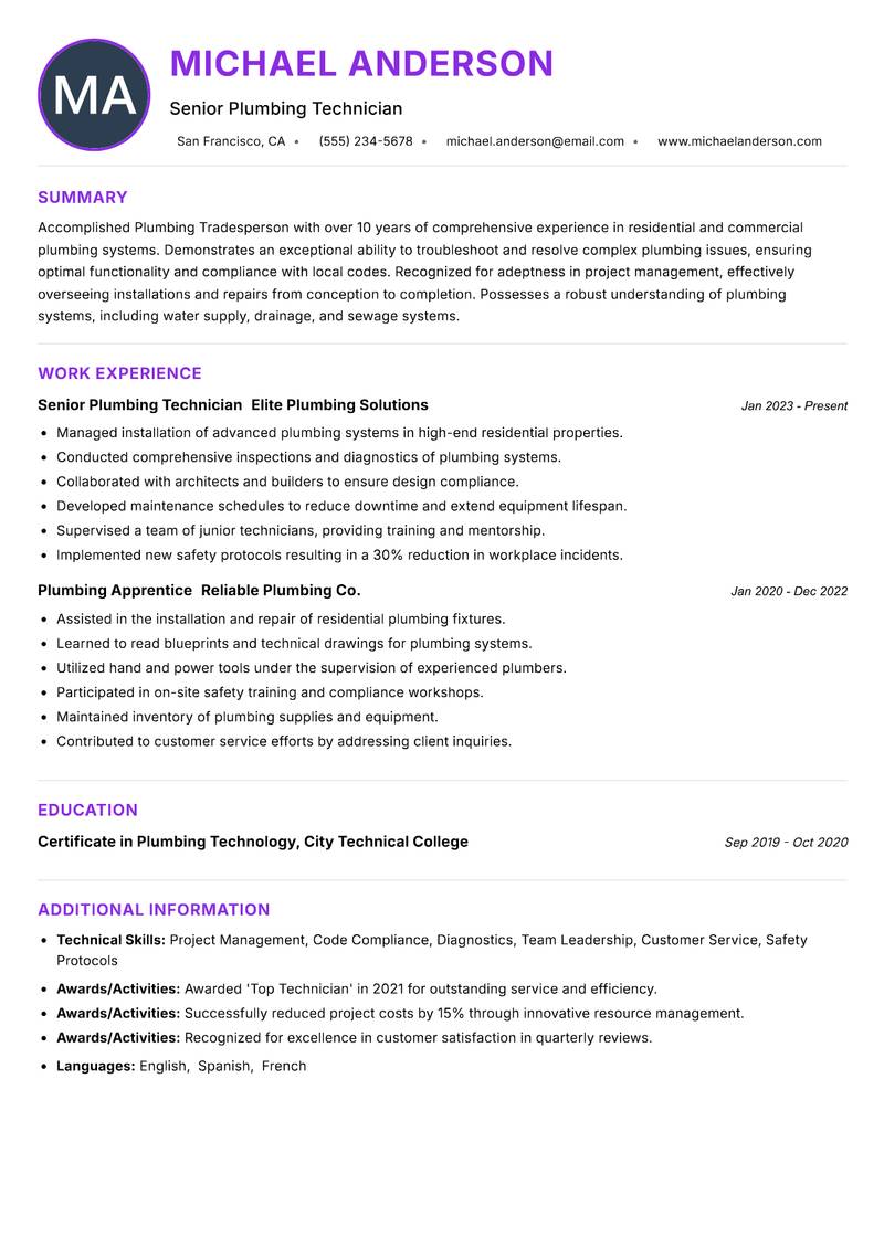 Plumbing Tradesperson resume example — ATS-friendly template