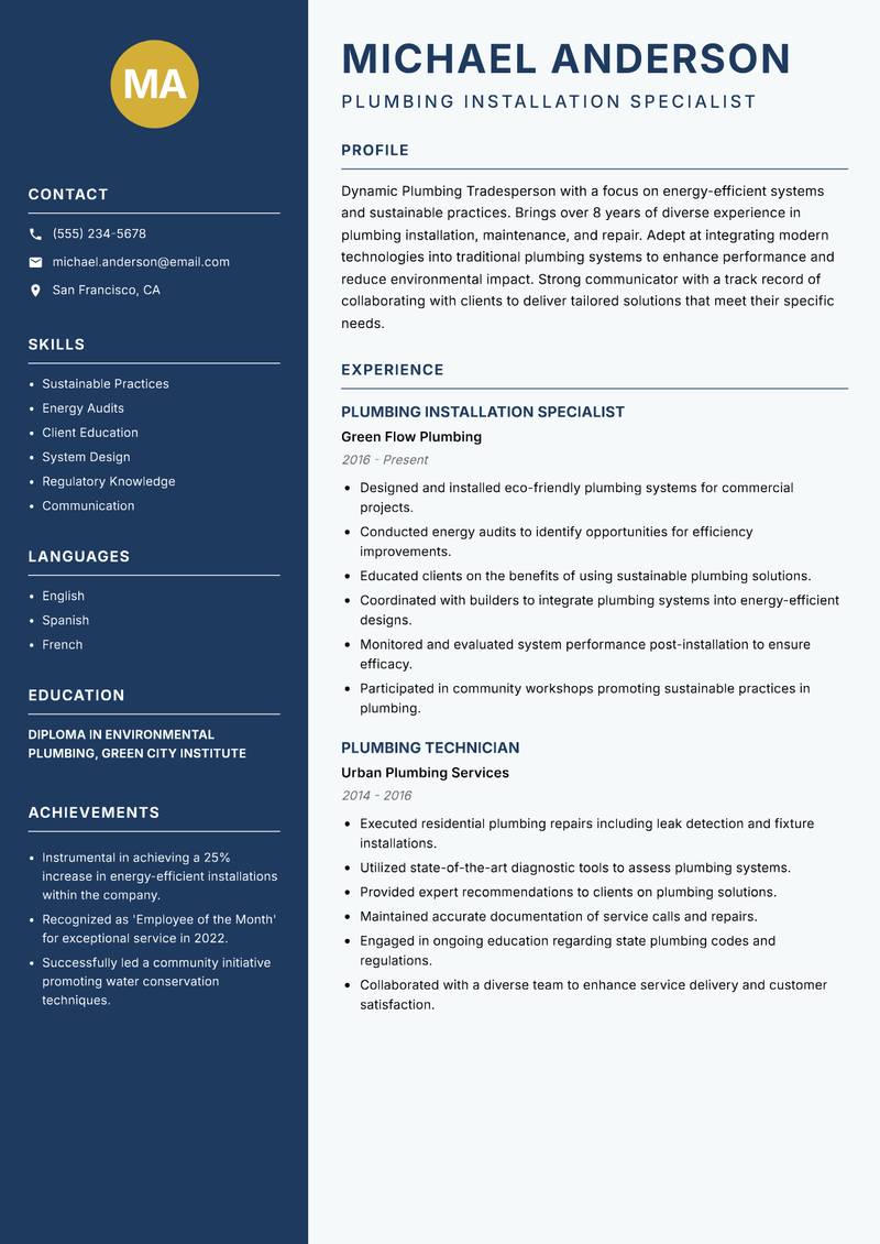 Plumbing Tradesperson resume template — Classic Clean