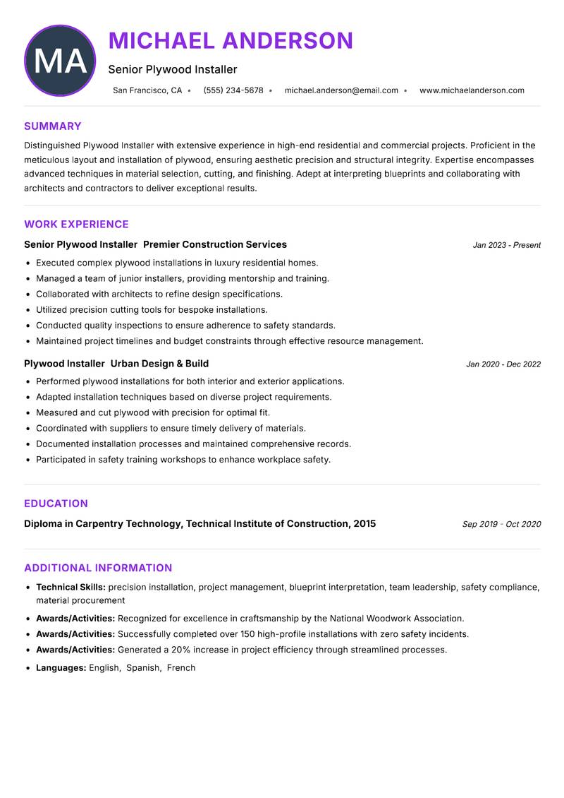 Plywood Installer resume example — ATS-friendly template