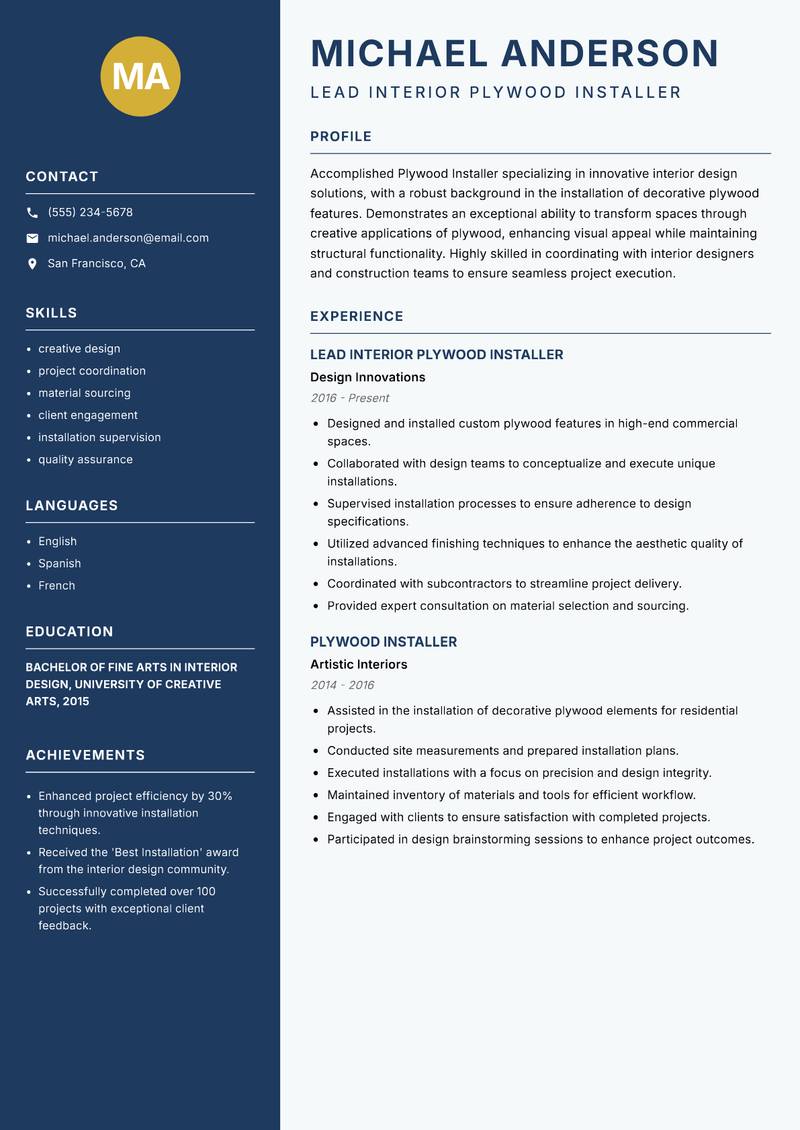 Plywood Installer resume template — Classic Clean