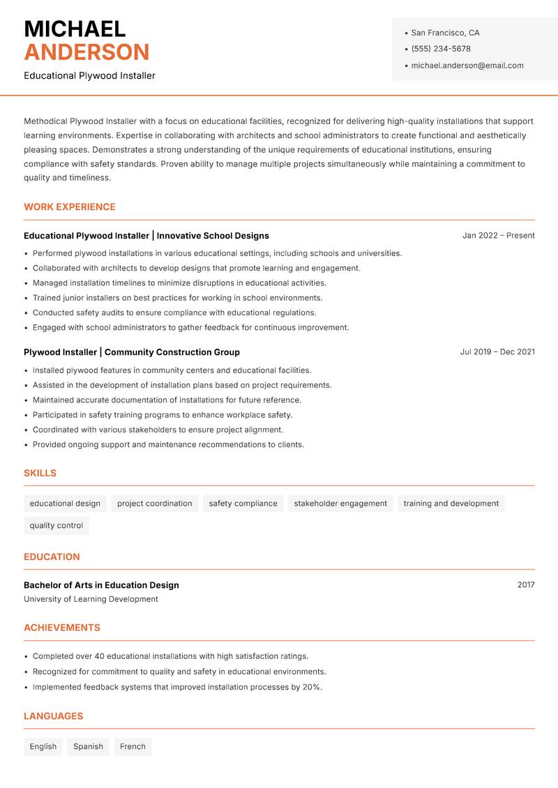 Plywood Installer resume template — Modern Professional
