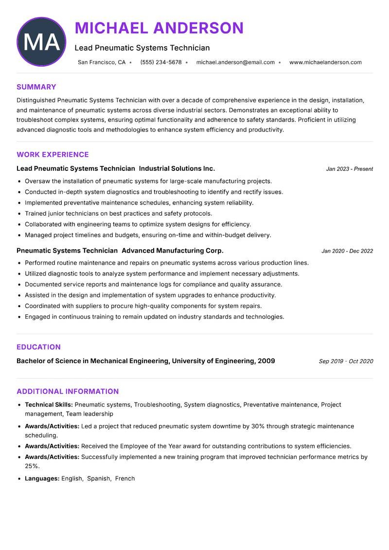 Pneumatic Systems Technician resume example — ATS-friendly template