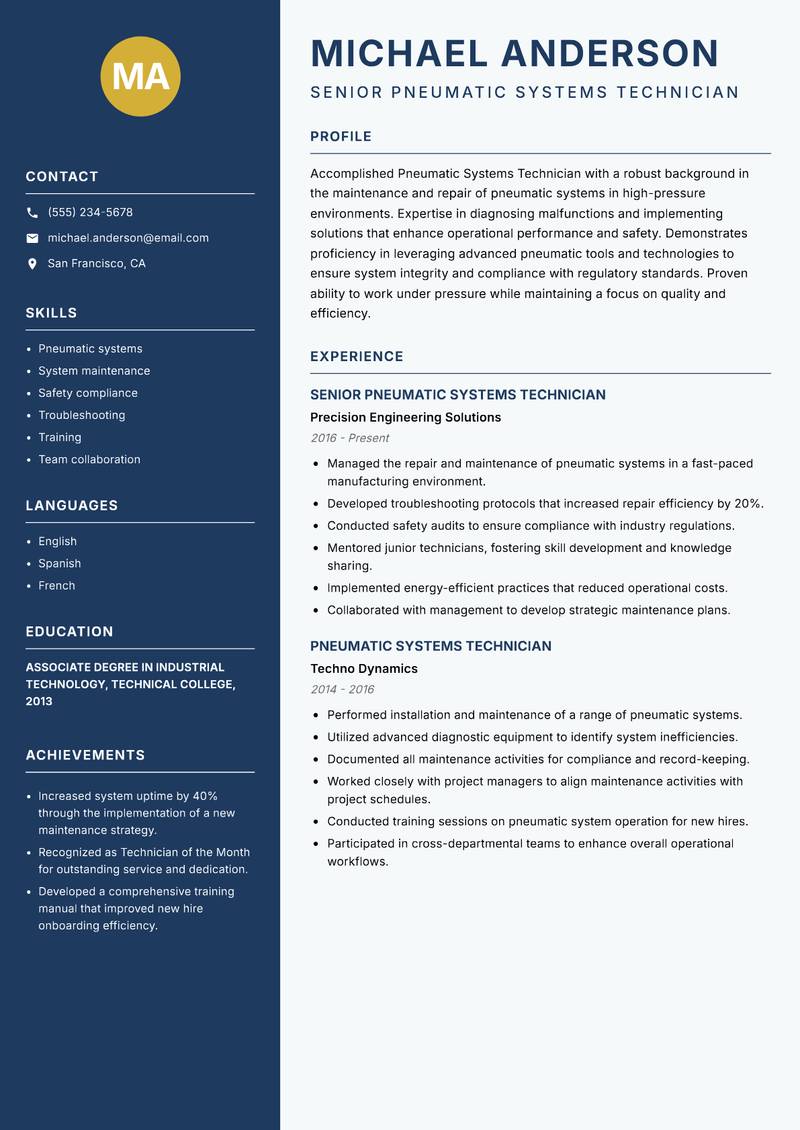 Pneumatic Systems Technician resume template — Classic Clean