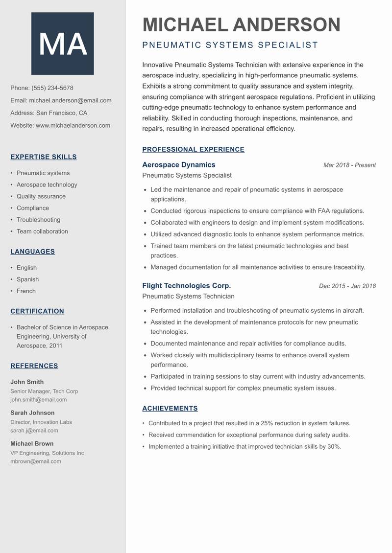 Pneumatic Systems Technician resume template — Creative Minimal