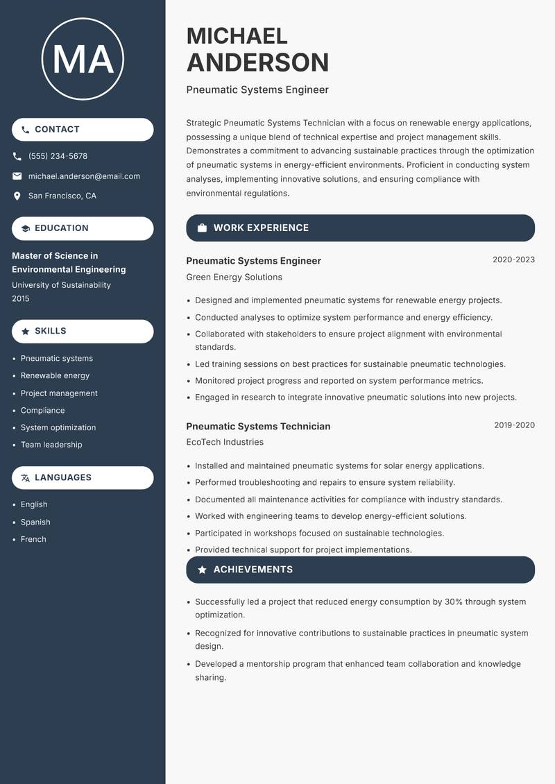 Pneumatic Systems Technician resume template — Compact