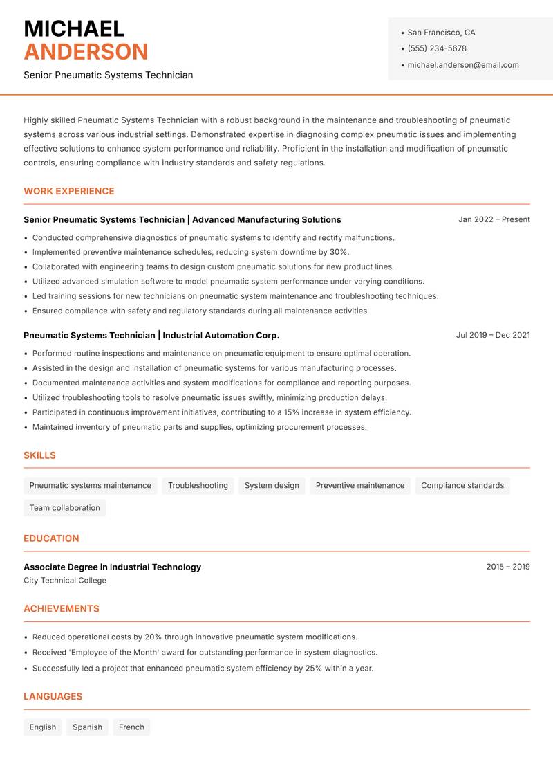 Pneumatic Systems Technician resume template — Modern Professional